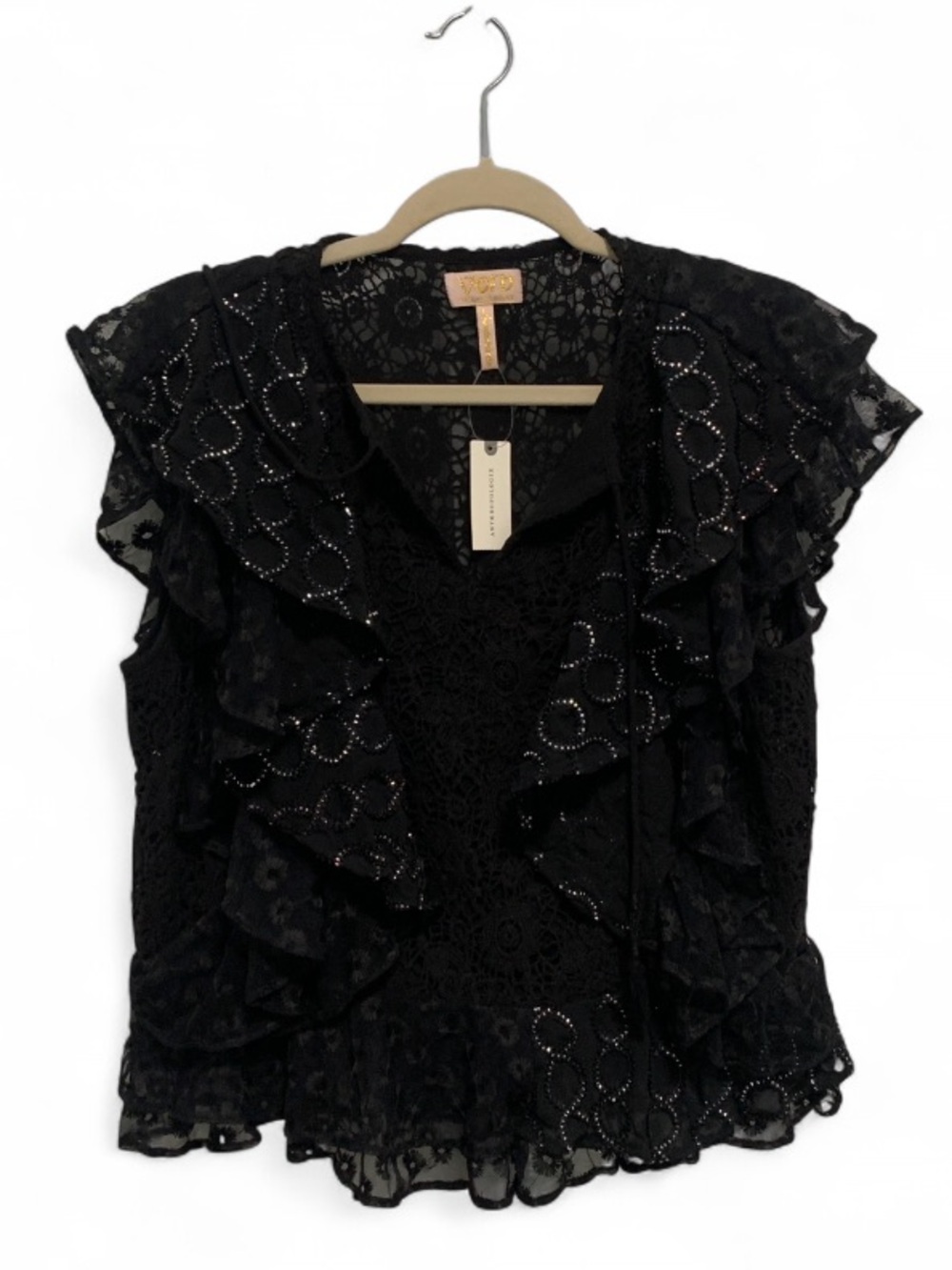 NWT Verb Anthropologie Black Lace Ruffle Tie Neck Top